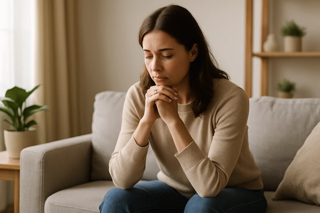 Mulher orando em silêncio no sofá, em momento de entrega e autoconhecimento com propósito cristão