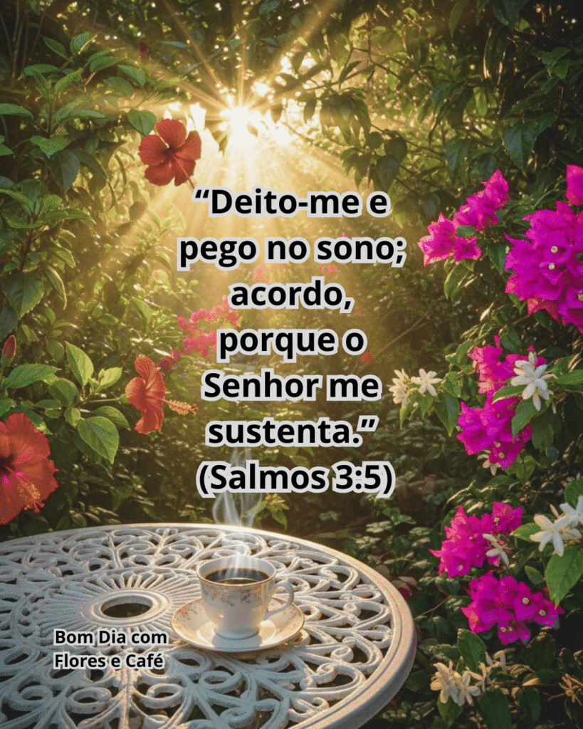 Versículo de Salmos 3:5 sobre descanso e sustento divino, acompanhado de café quente e flores ao nascer do sol. Mensagem cristã de bom dia com flores e café.
