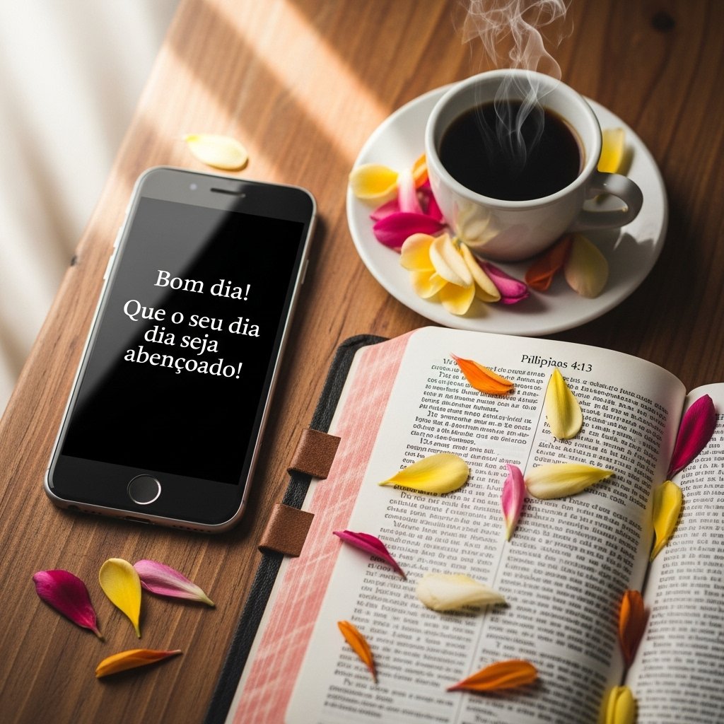 Bíblia aberta com pétalas coloridas, xícara de café quente e mensagem cristã de bom dia com flores e café para inspirar o dia.