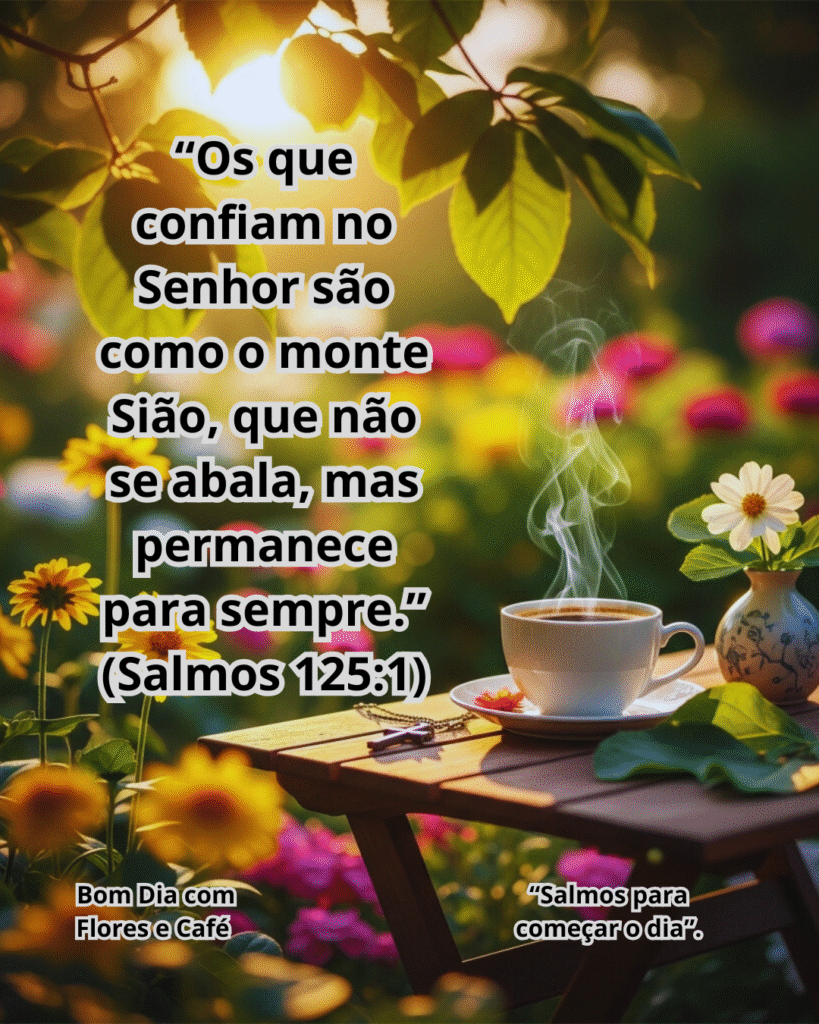 Xícara de café fumegante em jardim florido com o Salmo 125:1. Imagem inspiradora de bom dia com flores e café para fortalecer a confiança em Deus.