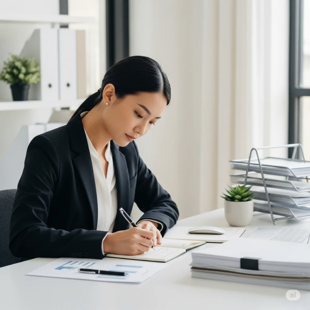 Mulher concentrada escrevendo metas no caderno durante o trabalho, representando clareza mental propósito no ambiente profissional
