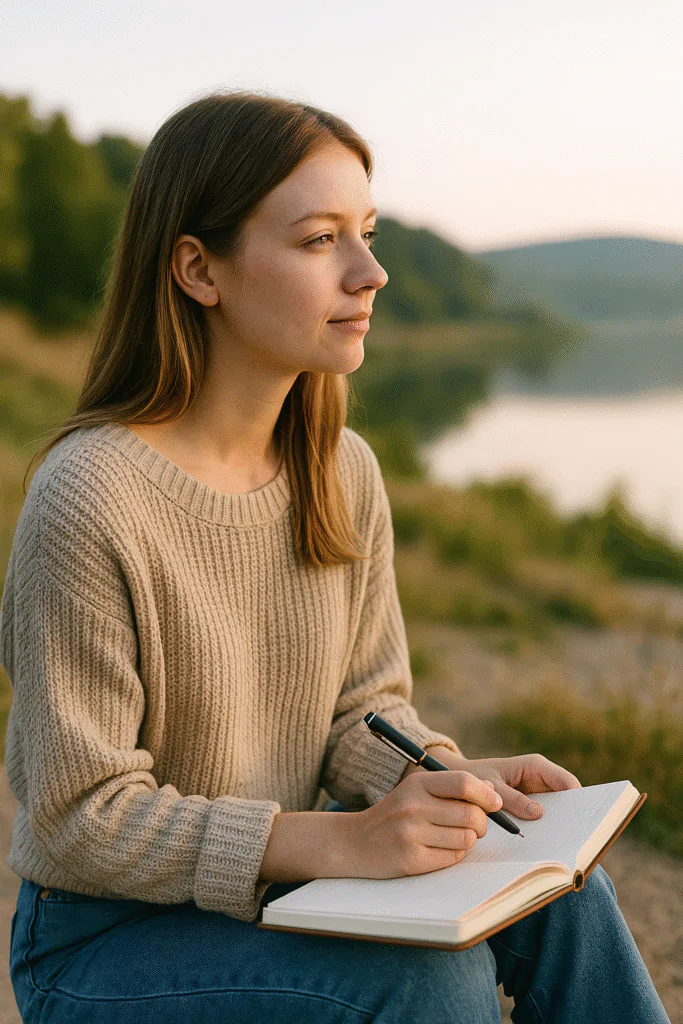 Mulher sentada próxima ao lago, escrevendo em seu diário ao pôr do sol, momento de introspecção e clareza mental propósito