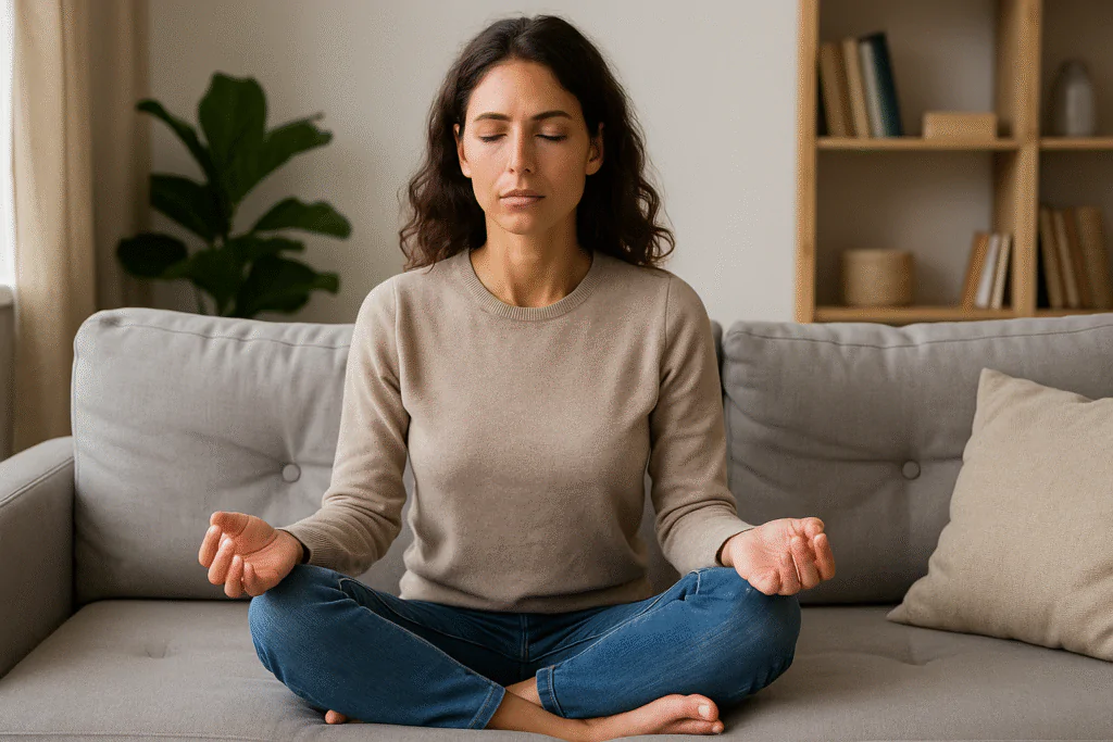 Mulher meditando em posição de lótus no sofá, buscando equilíbrio interior, foco e clareza mental propósito no dia a dia