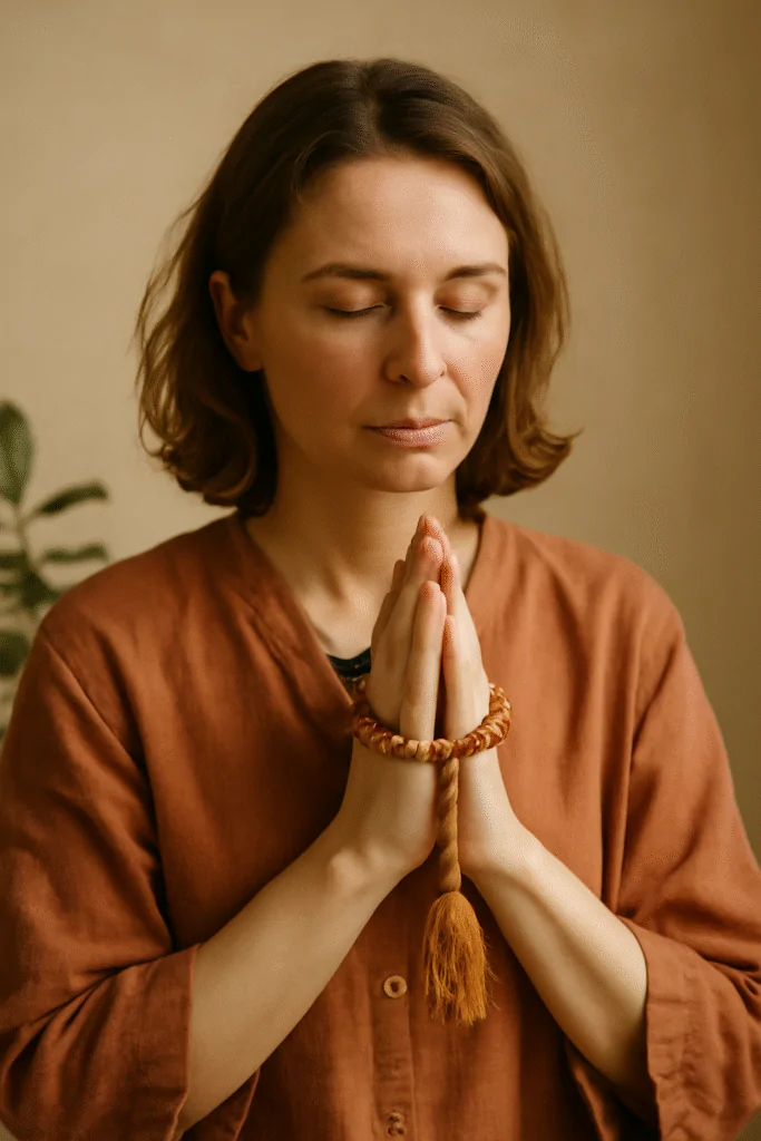 Mulher orando com olhos fechados e mãos unidas em posição de fé, simbolizando como começar a vida espiritual com conexão interior
