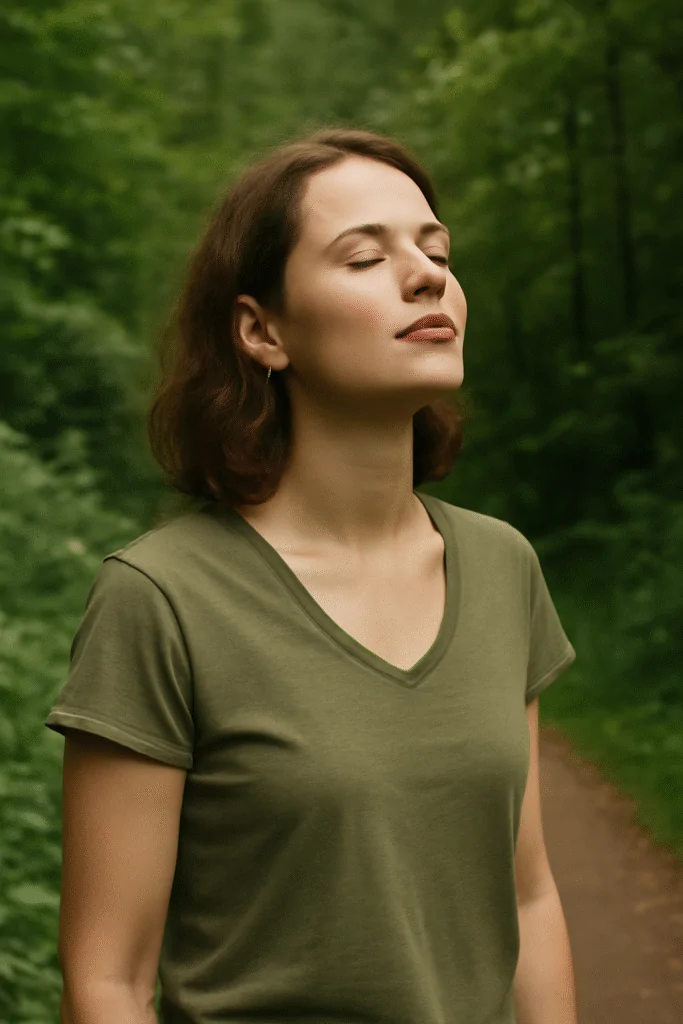 Mulher com olhos fechados em meio à natureza, praticando respiração consciente como forma de como começar a vida espiritual com paz e propósito