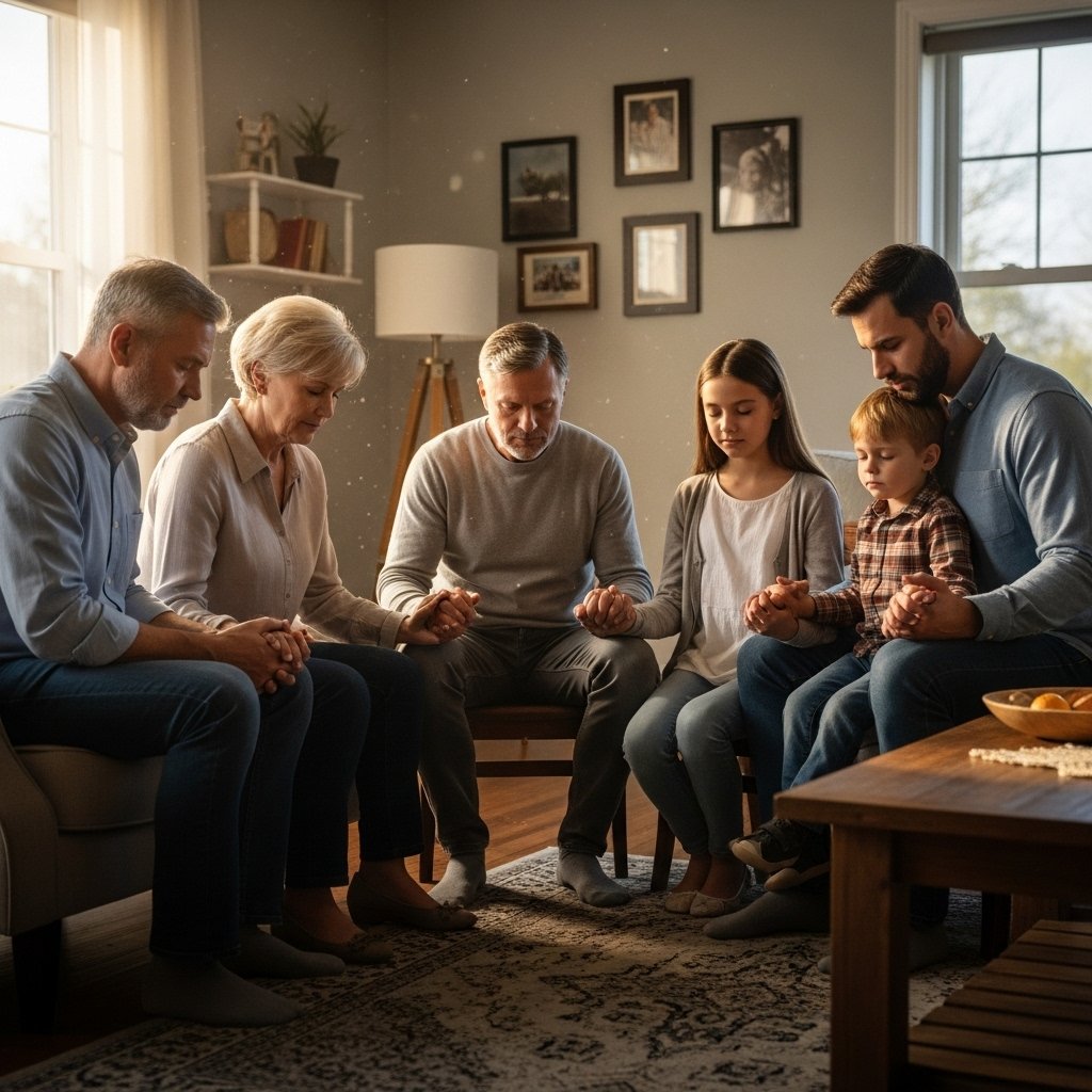 Família cristã orando junta demonstrando como controlar as emoções através da comunhão familiar