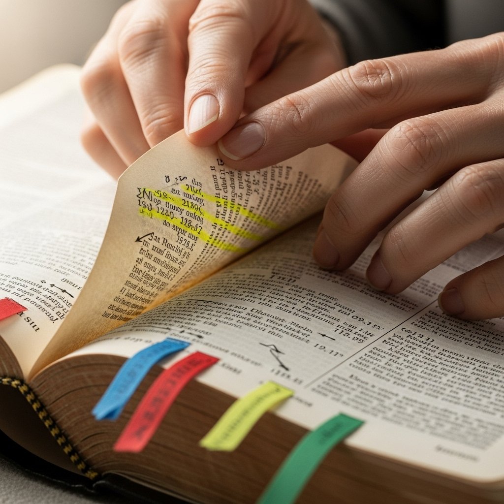 Mãos folheando Bíblia mostrando como estudar a Bíblia com anotações, marcadores e versículos destacados