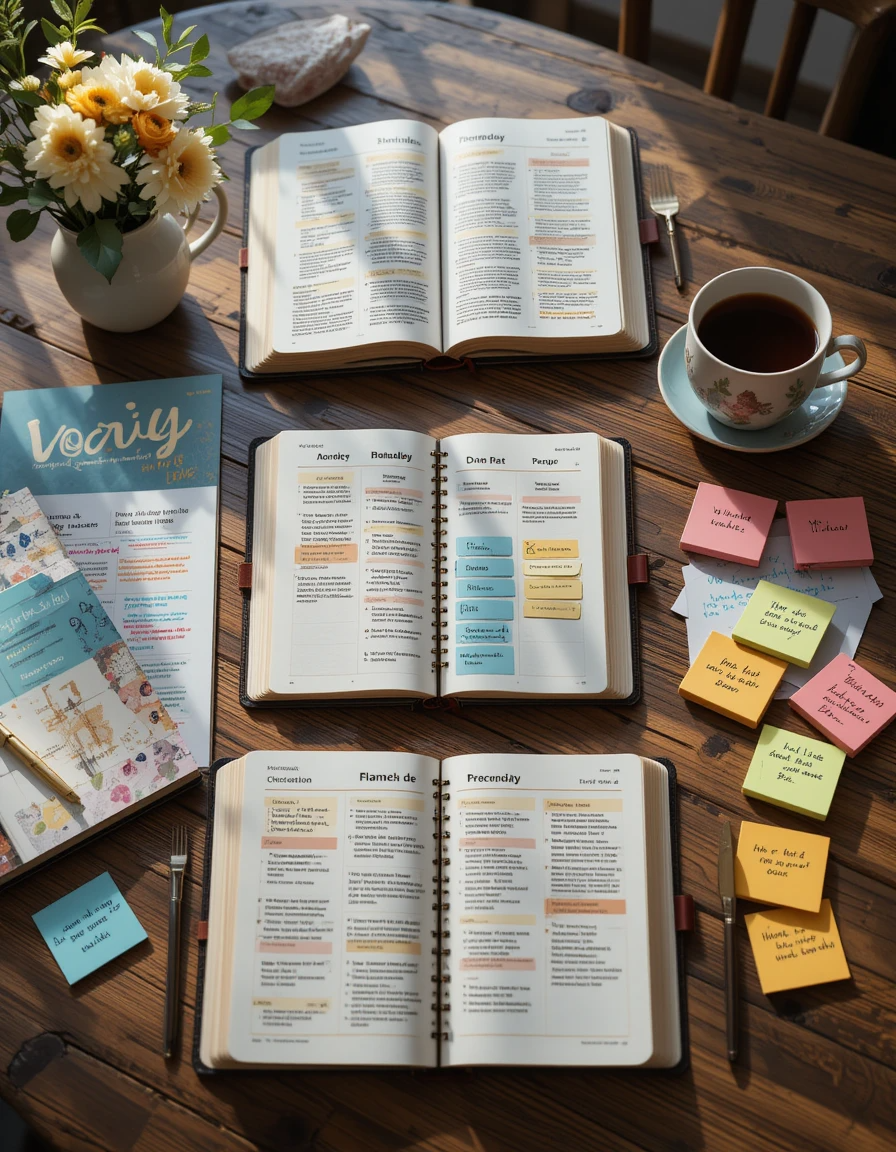 Mesa com planner devocional e materiais de estudo bíblico mostrando como fazer um devocional bem estruturado