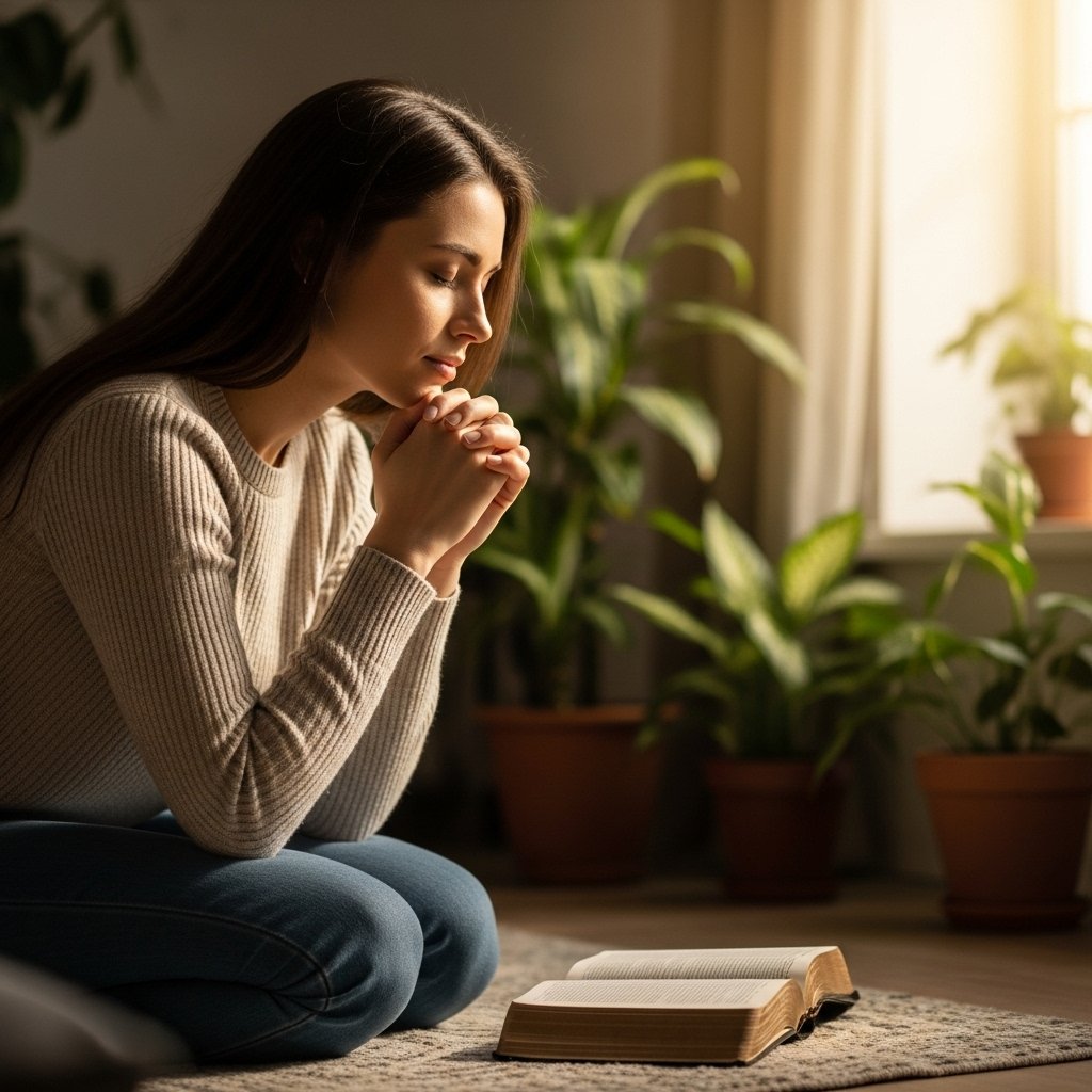 Como viver com propósito através da oração cristã - mulher orando com a Bíblia