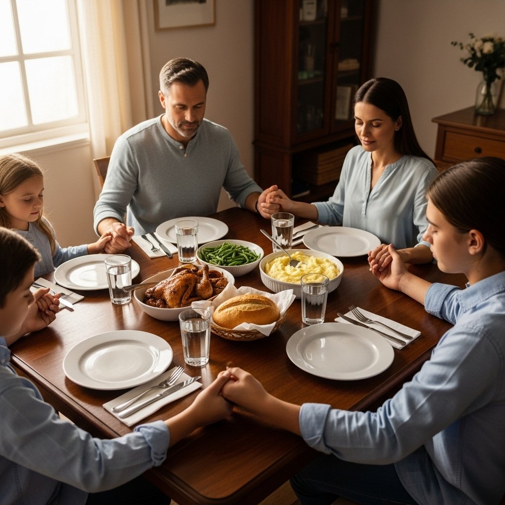 Família unida em oração e comunhão espiritual durante refeição doméstica cristã