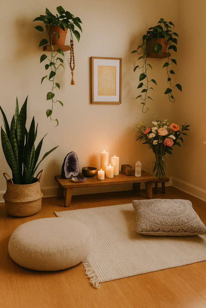 Espaço sagrado para práticas espirituais com almofadas, plantas e velas em ambiente tranquilo
