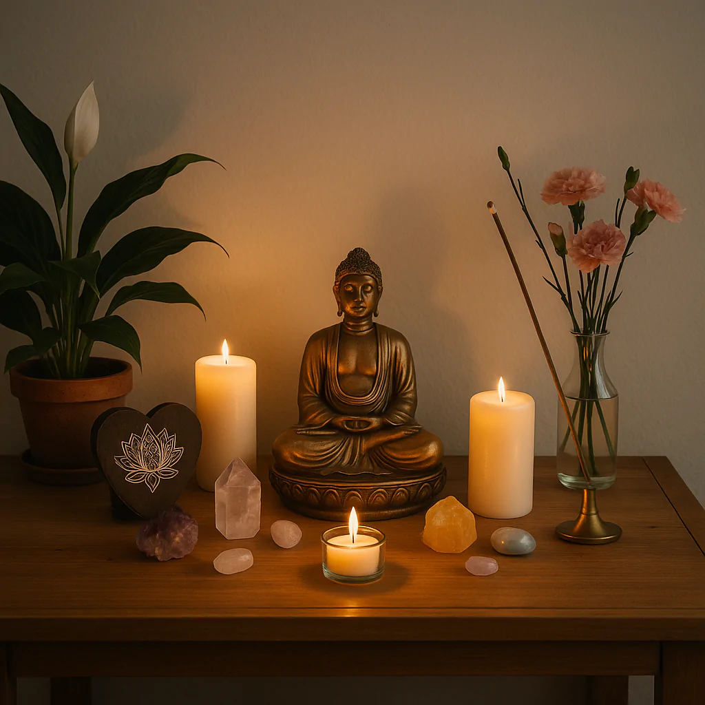 Altar com estátua de Buda, cristais, incenso e velas em espaço sagrado espiritual