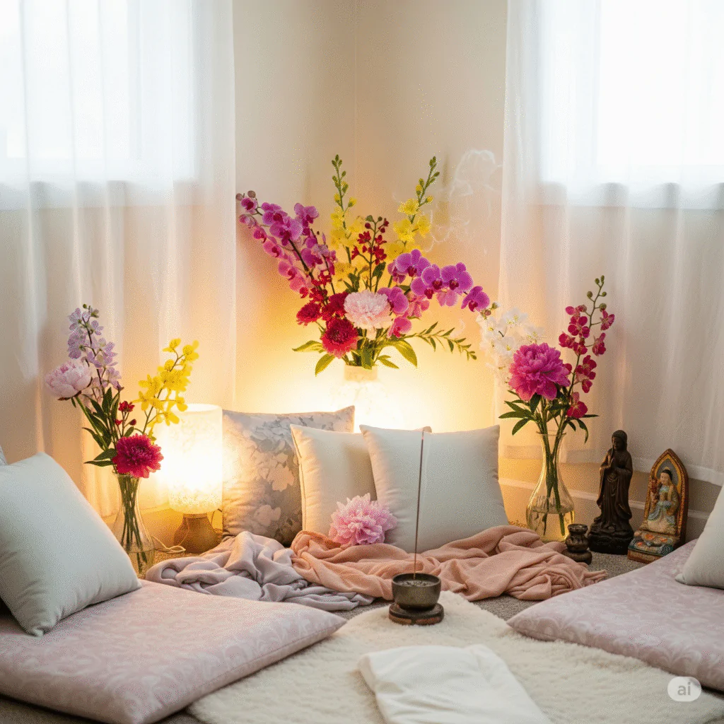 Espaço sagrado decorado com flores coloridas, almofadas e imagens espirituais para práticas meditativas Como Criar um Espaço Sagrado para Suas Práticas Espirituais em Casa