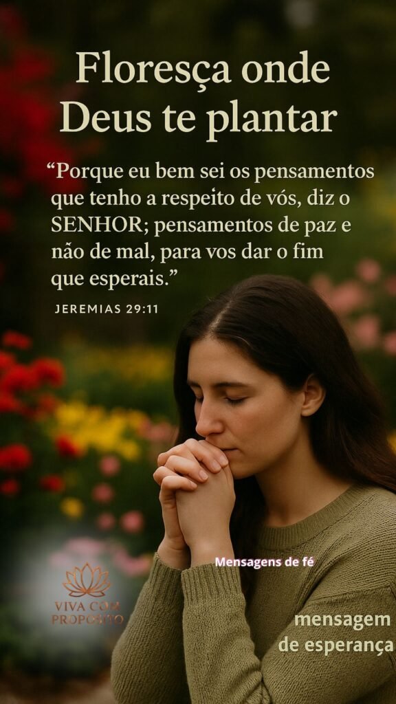 Mulher em oração no jardim com versículo de Jeremias 29:11, mensagem de paz, fé e esperança em Deus que nos faz florescer.