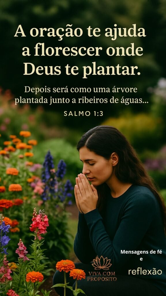 Mulher orando em jardim florido com mensagem do Salmo 1:3, mostrando que a oração ajuda a florescer onde Deus nos planta.