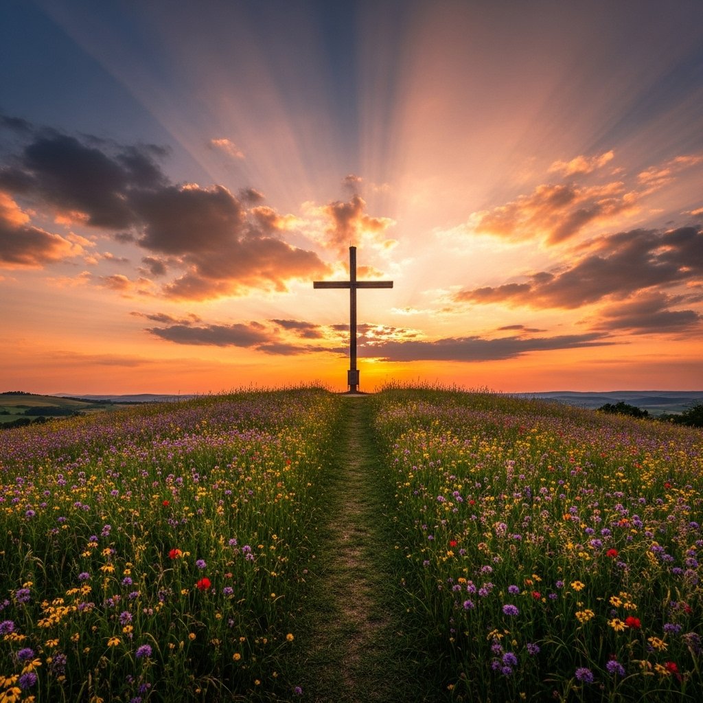 Cruz no campo ao pôr do sol representando frases cristãs impactantes de esperança e fé