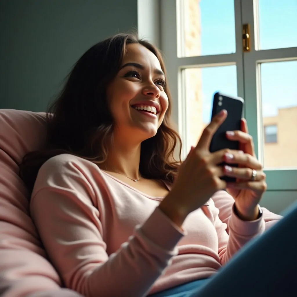 Mulher sorridente com celular na mão refletindo alegria ao compartilhar frases cristãs para status em suas redes sociais