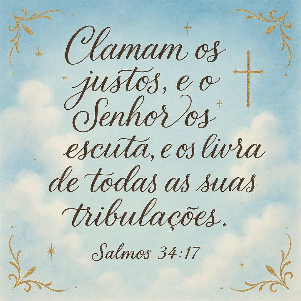 Arte com versículo bíblico de Salmos 34:17 sobre fundo celestial, ideal para usar como frases cristãs para status que fortalecem a fé