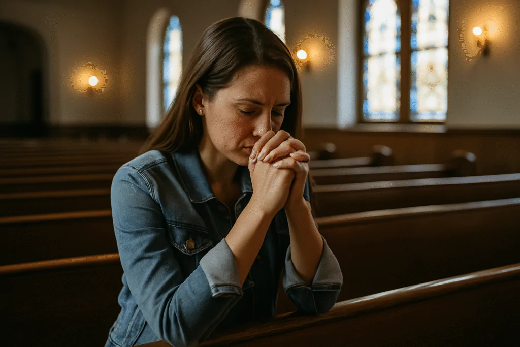 Mulher em profunda oração dentro da igreja simbolizando fé e entrega, inspirando frases cristãs de esperança