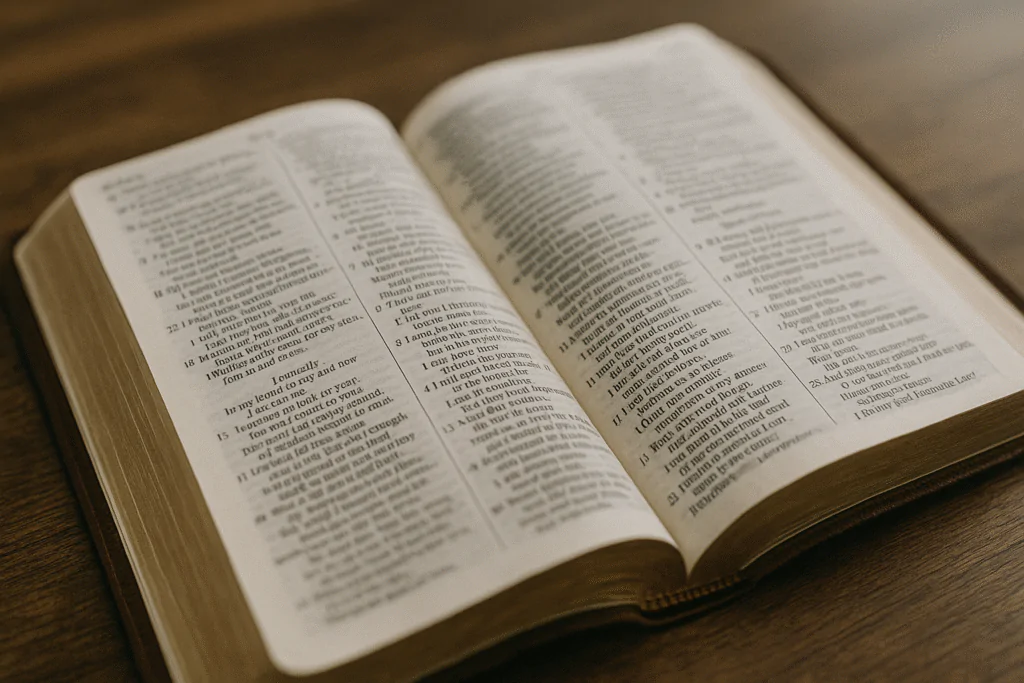 Bíblia aberta com versículos sagrados sobre mesa de madeira, perfeita para ilustrar frases cristãs de esperança