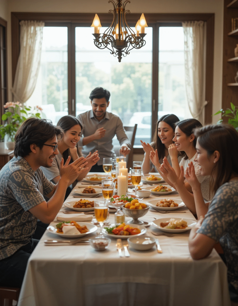 Família cristã praticando gratidão com frases de fé e prosperidade
