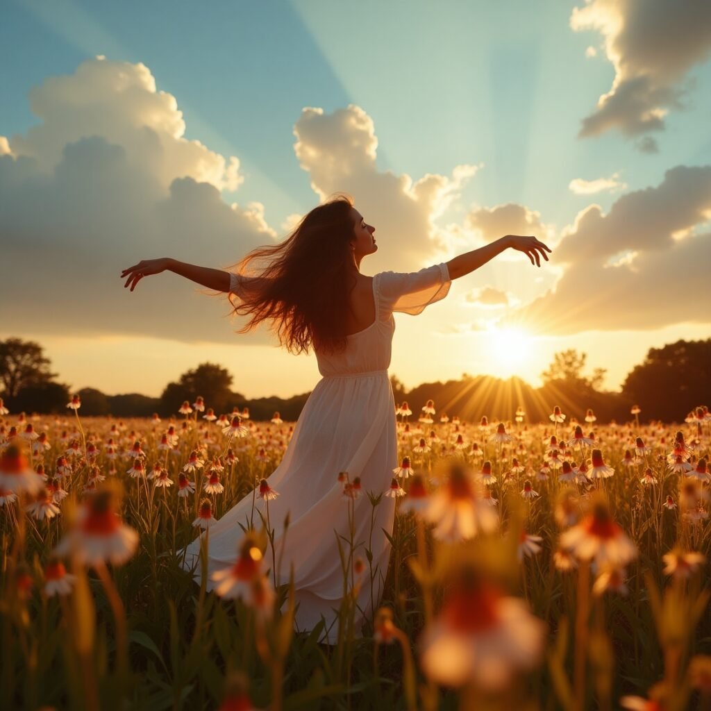 Mulher inspirada vivenciando frases de superação em campo florido durante nascer do sol dourado