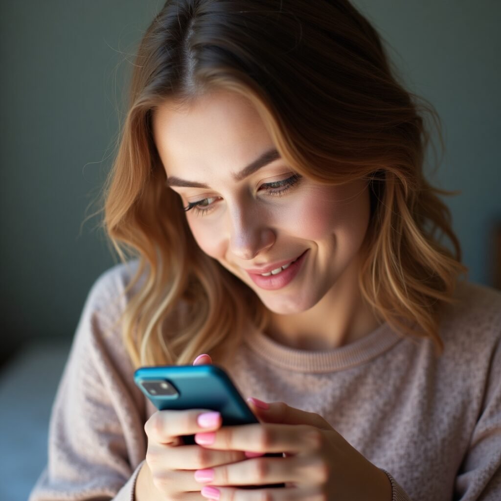 Mãos femininas compartilhando frases de superação inspiradoras através do smartphone com flores ao fundo