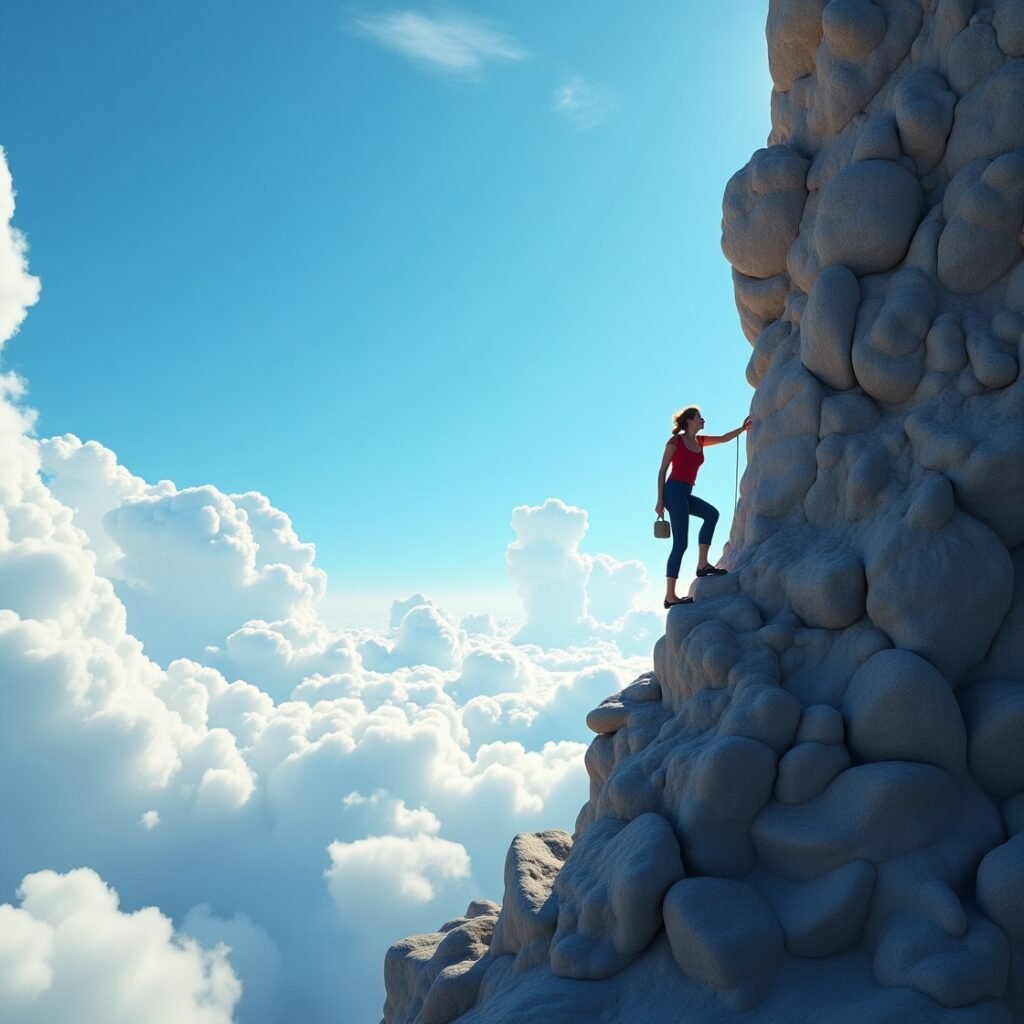 Mulher escalando montanha cercada por nuvens, simbolizando força e determinação – frases de superação