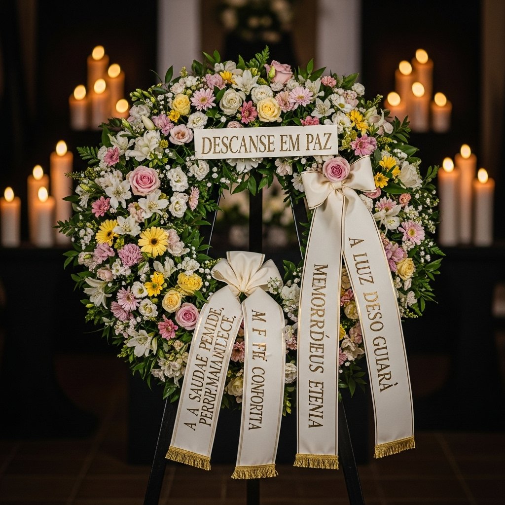 Coroa de flores brancas com faixa escrita “Em Paz e Esperança”, simbolizando fé e conforto cristão em despedidas.