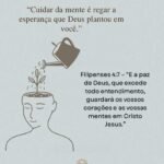 Ilustração de regador molhando uma planta na mente, simbolizando esperança e paz de Deus em Filipenses 4:7. Frases sobre saúde mental e fé cristã.