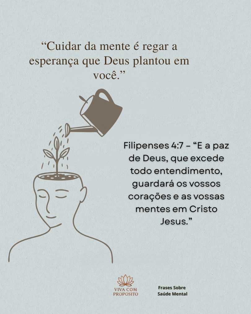 Ilustração de regador molhando uma planta na mente, simbolizando esperança e paz de Deus em Filipenses 4:7. Frases sobre saúde mental e fé cristã.
