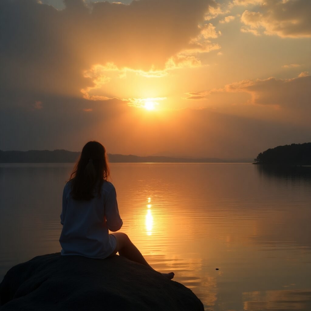 Silhueta de pessoa contemplando pôr do sol refletindo sobre frases de gratidão a Deus em cenário natural