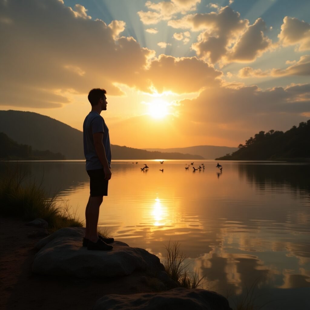 Homem em pé à beira do lago observando o pôr do sol, transmitindo reflexão, fé e frases de gratidão a Deus