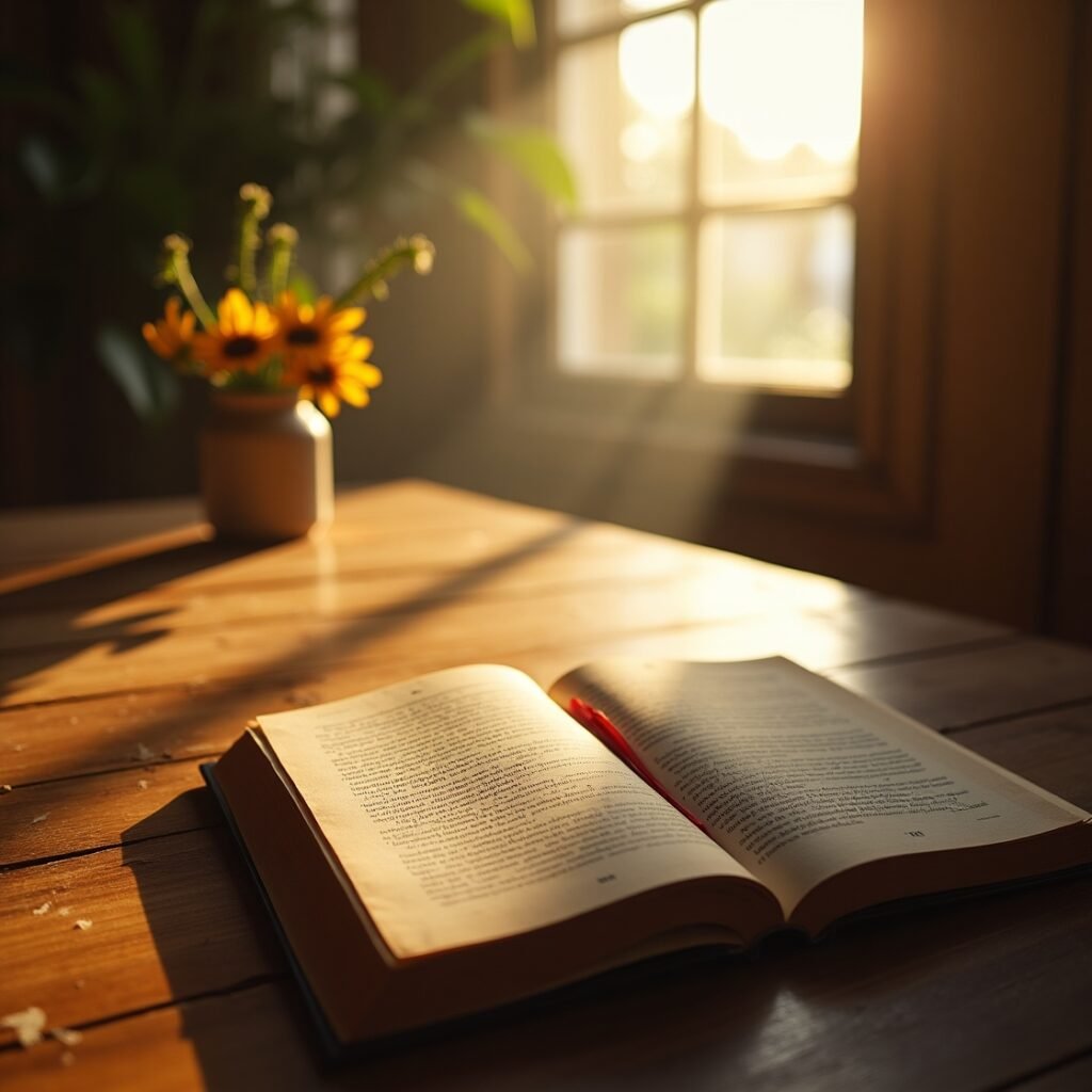 Bíblia aberta mostrando versículos com frases de gratidão a Deus iluminada por luz dourada natural