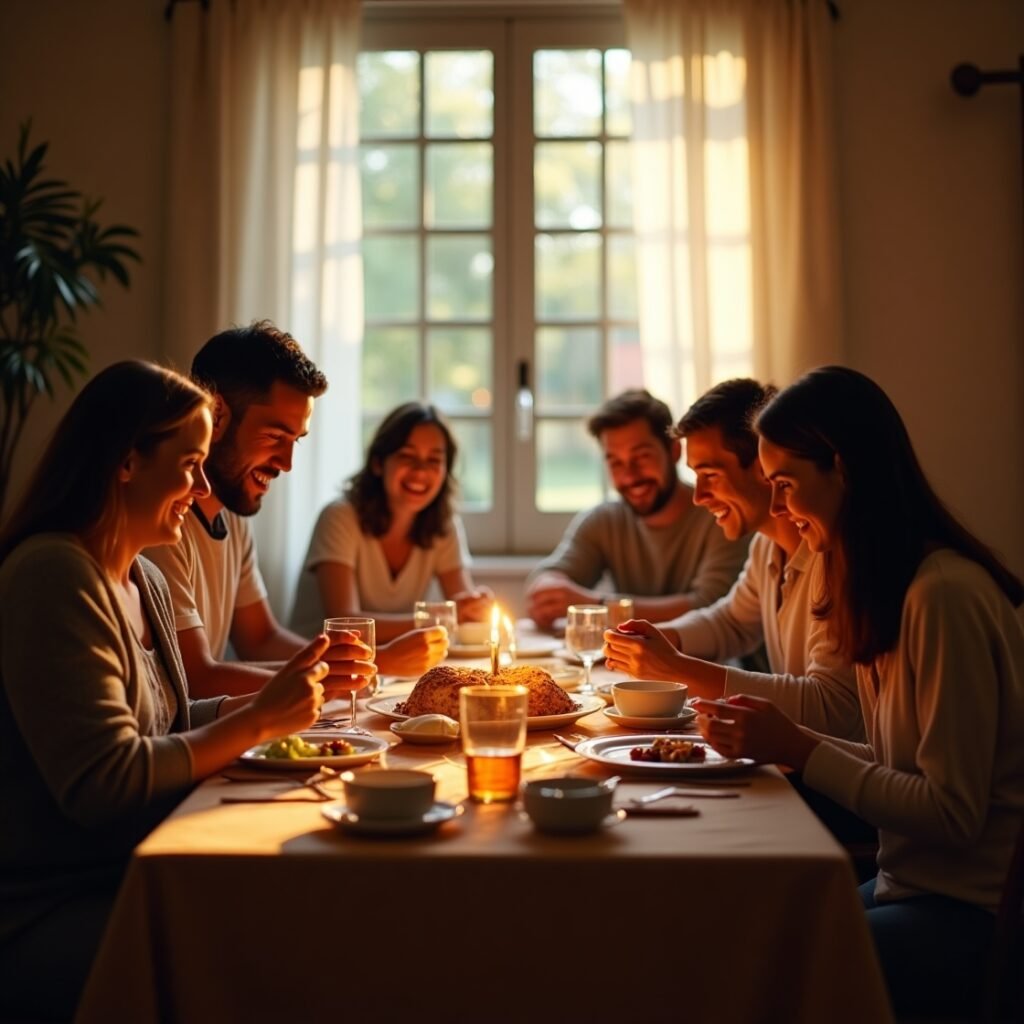 Família orando com frases de gratidão a Deus antes da refeição em ambiente acolhedor e familiar