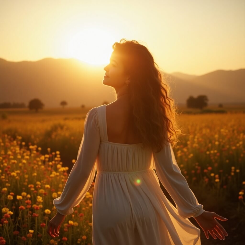 Mulher em vestido branco apreciando o pôr do sol em um campo florido, simbolizando paz, fé e frases de gratidão a Deus