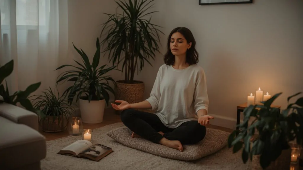 Mulher meditando em espaço acolhedor para integrar saúde física mental e espiritual com harmonia