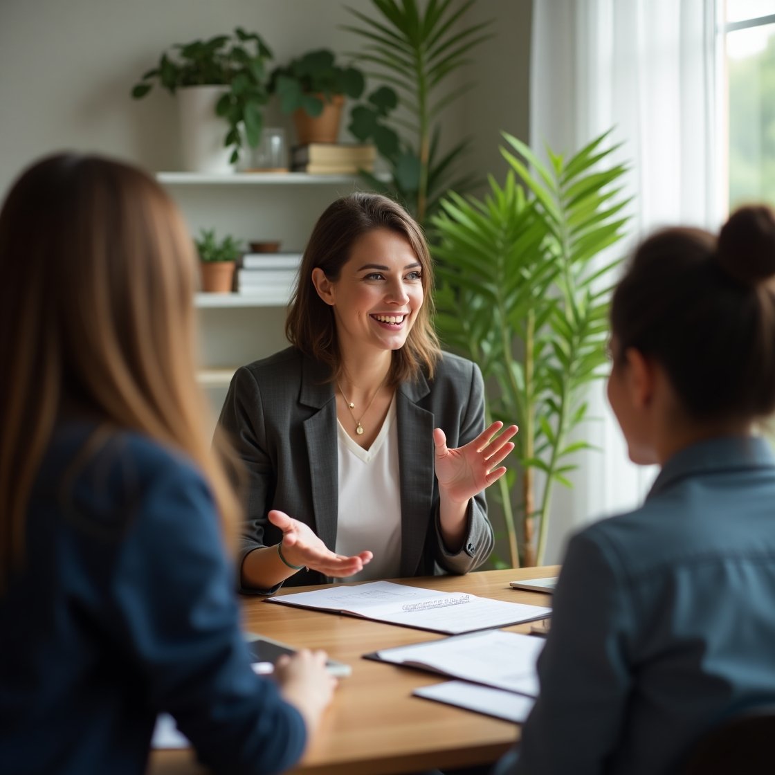 Profissional demonstrando inteligência emocional no trabalho durante reunião de equipe, liderando com serenidade e comunicação efetiva