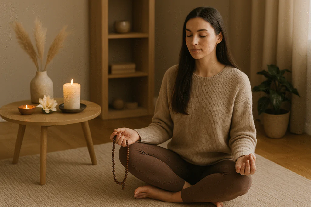 Prática de mantras para harmonia espiritual com japamala e ambiente de meditação