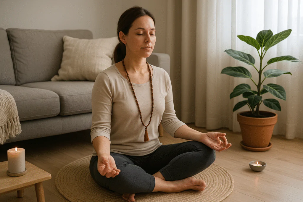 Mulher usando mantras para harmonia espiritual em casa, com postura meditativa e foco interior
