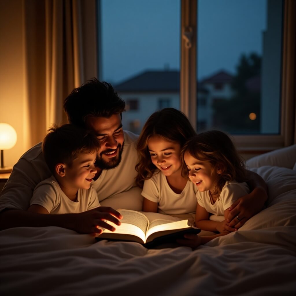 Família praticando mensagem bíblica de boa noite juntos em momento de união e fé