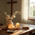 Bíblia aberta preparada para leitura de mensagem bíblica de boa noite com vela e ambiente acolhedor