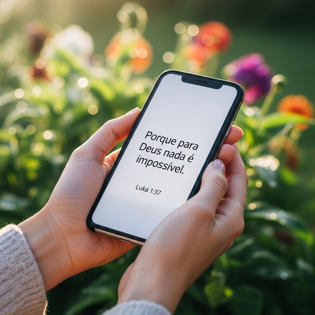 Versículo bíblico “Porque para Deus nada é impossível” (Lucas 1:37) exibido em celular, com fundo de flores ao ar livre – mensagens de bom dia com Deus.