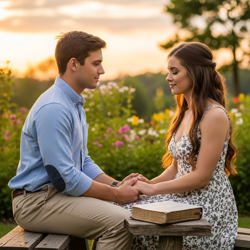 Casal praticando namoro cristão orando juntos com Bíblia aberta, demonstrando relacionamento baseado em princípios bíblicos