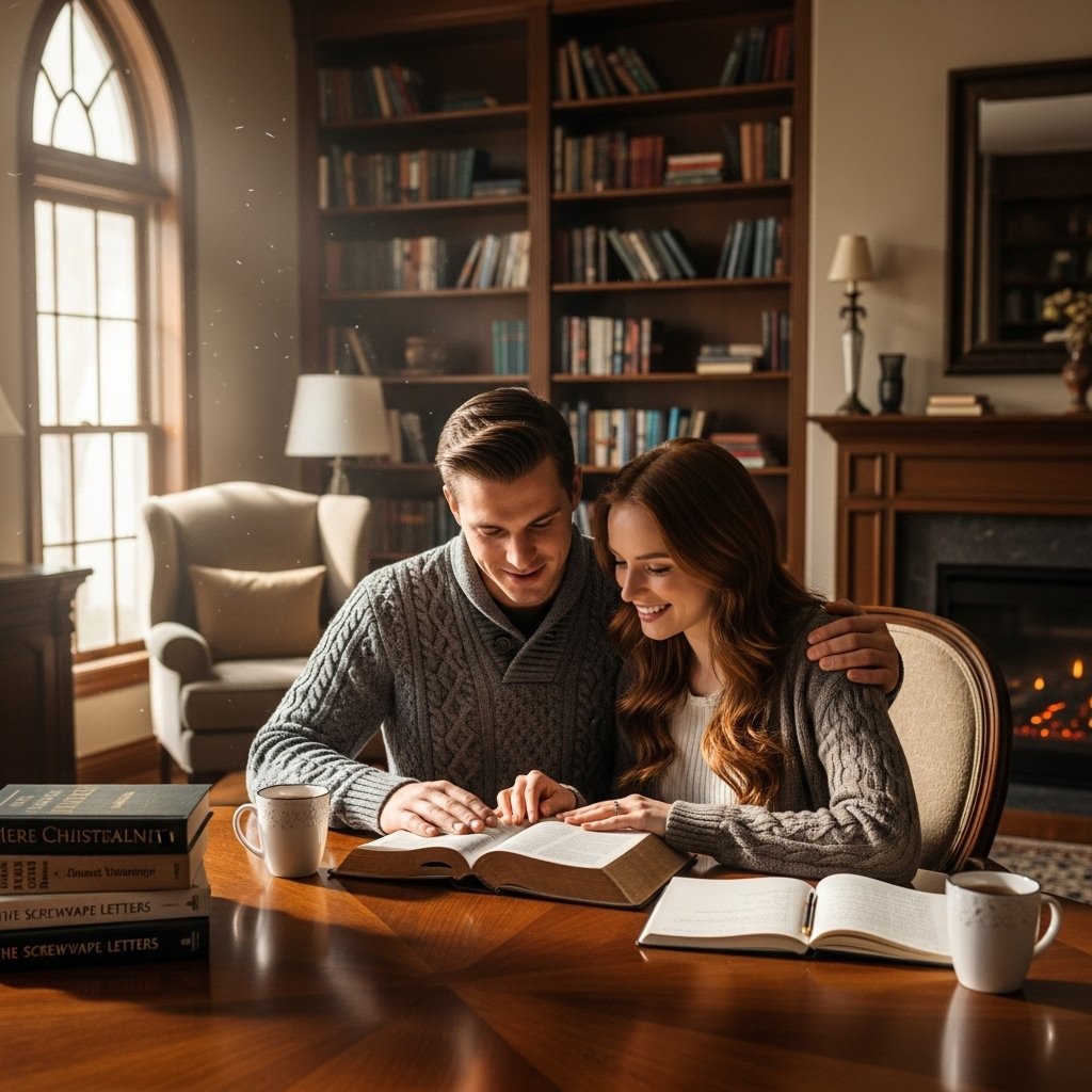 Casal em namoro cristão estudando a Bíblia juntos, exemplificando crescimento espiritual em relacionamento abençoado