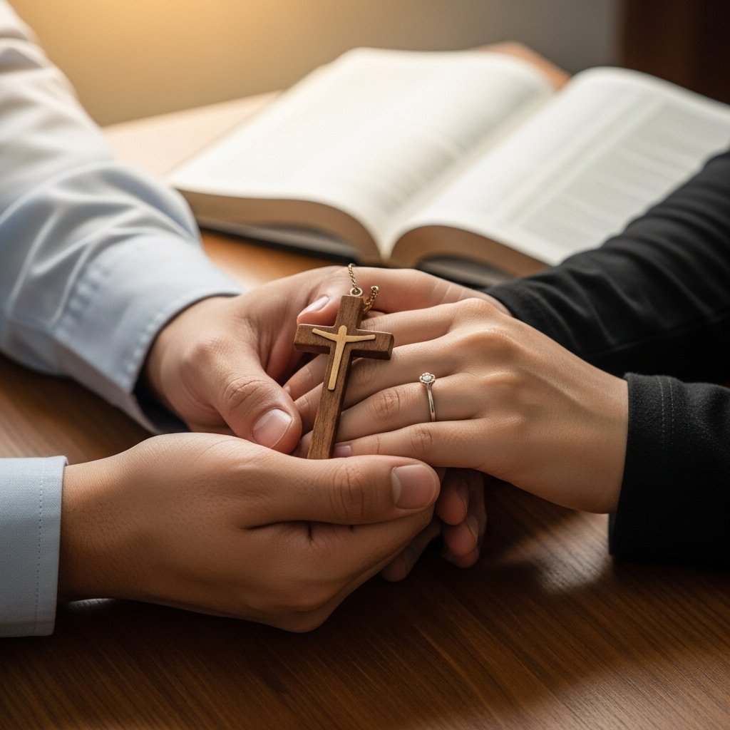 Símbolos de namoro cristão com mãos entrelaçadas, cruz e Bíblia representando relacionamento fundamentado em princípios bíblicos