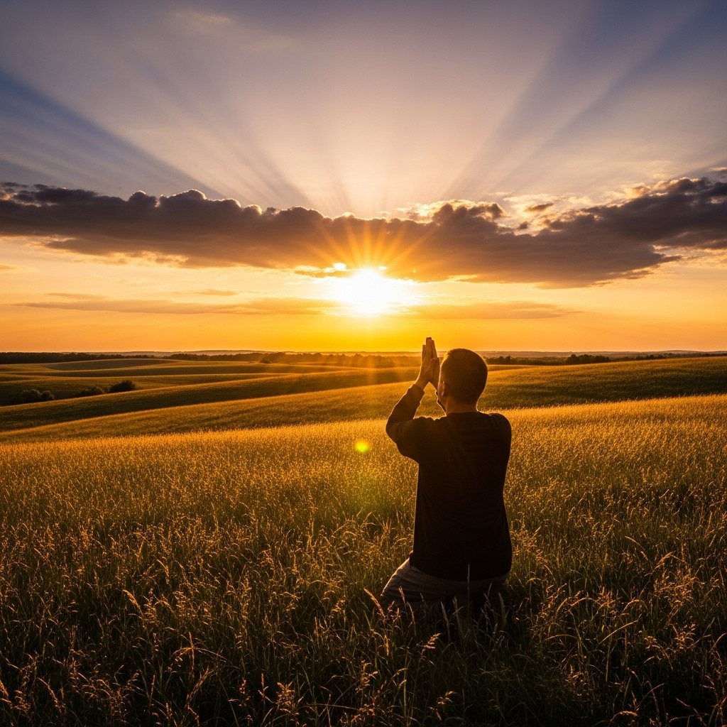 homem orando ao pôr do sol demonstrando o que é ser cristão através da oração e comunhão íntima com Deus