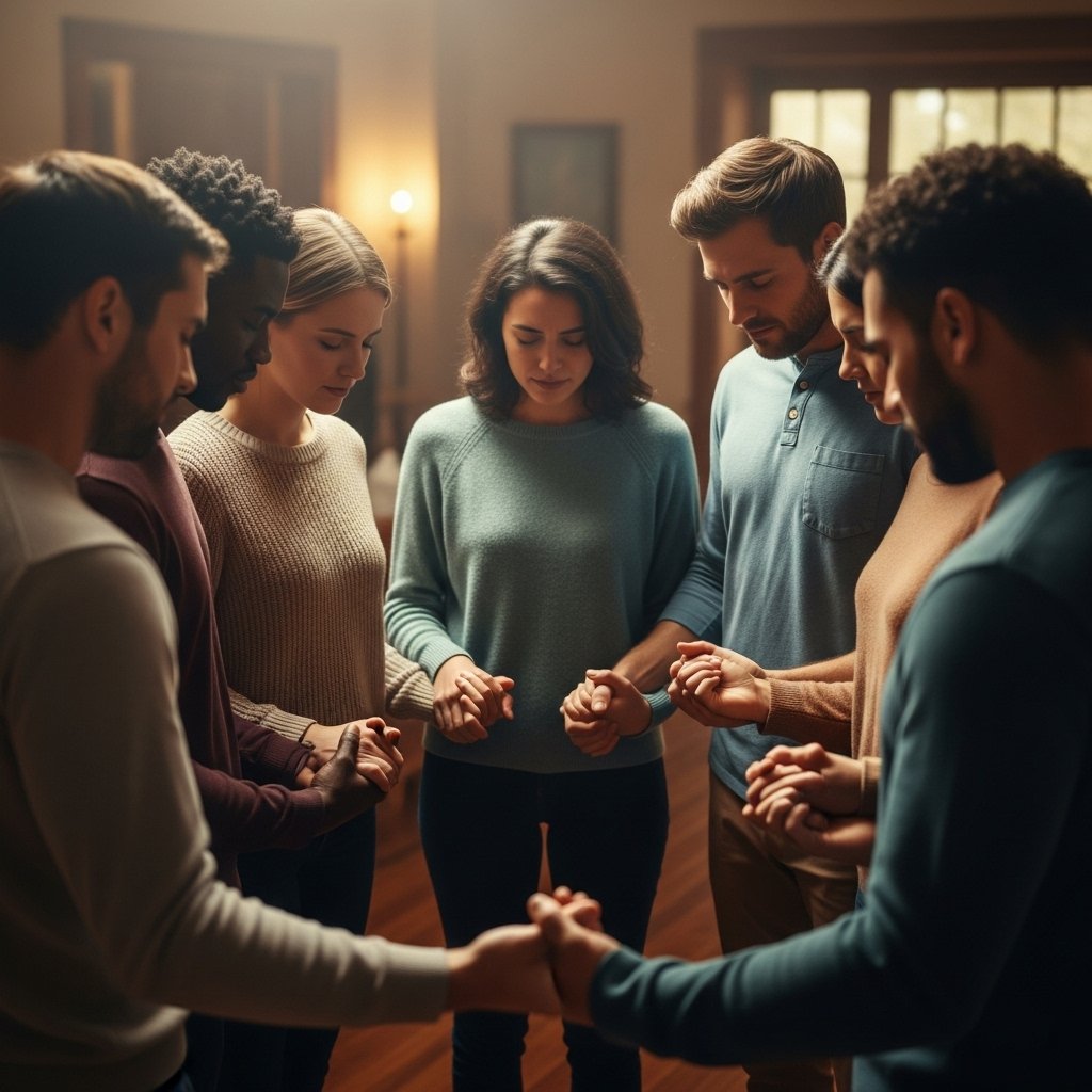 Grupo de cristãos orando juntos demonstrando o que é ser cristão através da comunhão e amor ao próximo