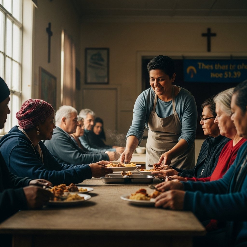 Cristão servindo necessitados com amor demonstrando o que é ser cristão através do serviço prático ao próximo
