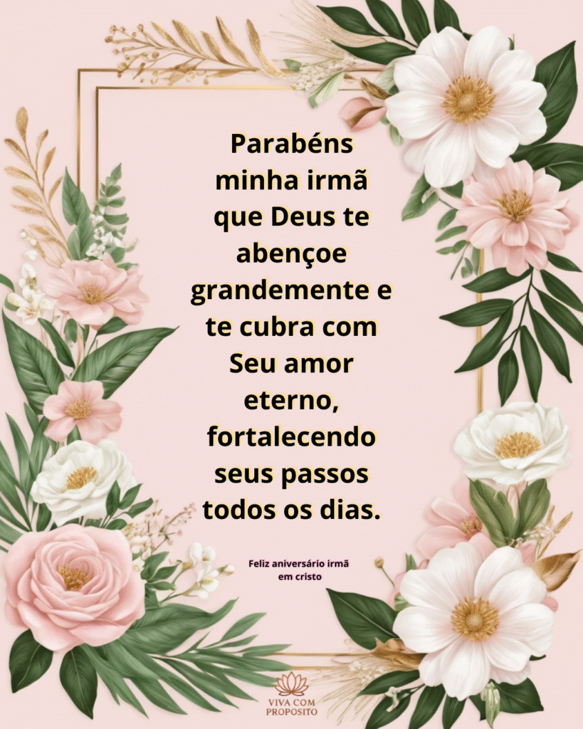 Cartão floral em tons rosa com versículo e mensagem “Parabéns minha irmã que Deus te abençoe com milagres inesperados, momentos de paz e a certeza de que Ele cuida de você em cada detalhe”.